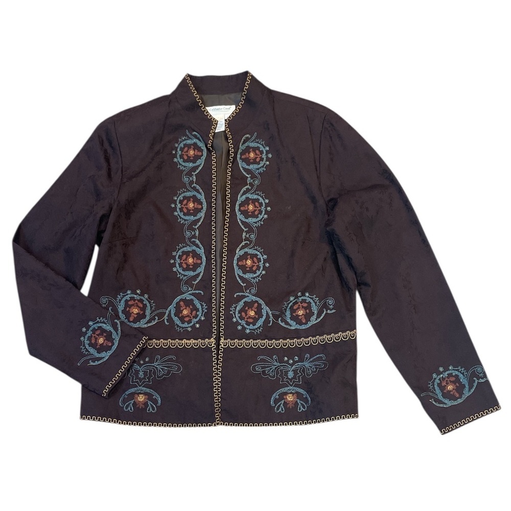 Coldwater Creek Venice Jacket Dark Brown Embroidered Open Front Size L
